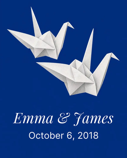 Two paper cranes artwork on an ink blue ground, shown unframed in the 3:4 proportion used for the personalization preview