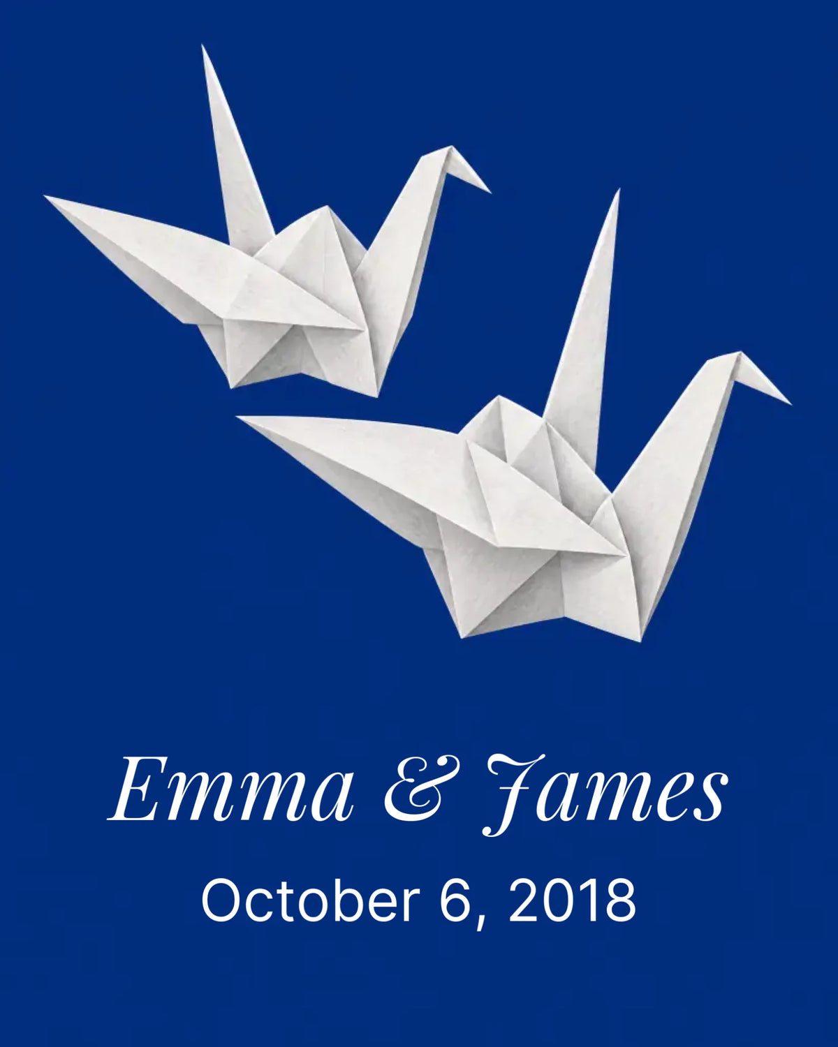 Two paper cranes artwork on an ink blue ground, shown unframed in the 4:5 proportion used for the personalization preview