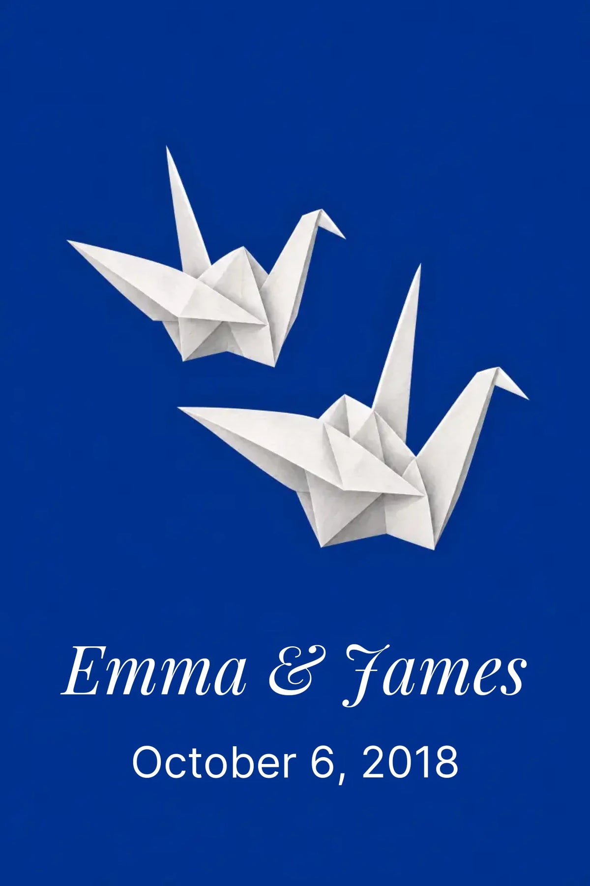 Two paper cranes artwork on an ink blue ground, shown unframed in the 2:3 proportion used for the personalization preview