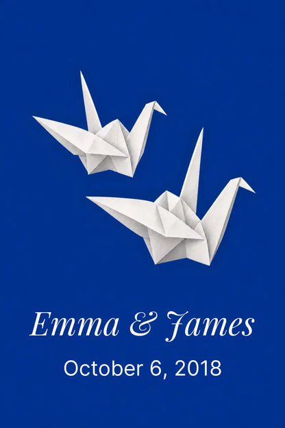 Two paper cranes artwork on an ink blue ground, shown unframed in the 2:3 proportion used for the personalization preview