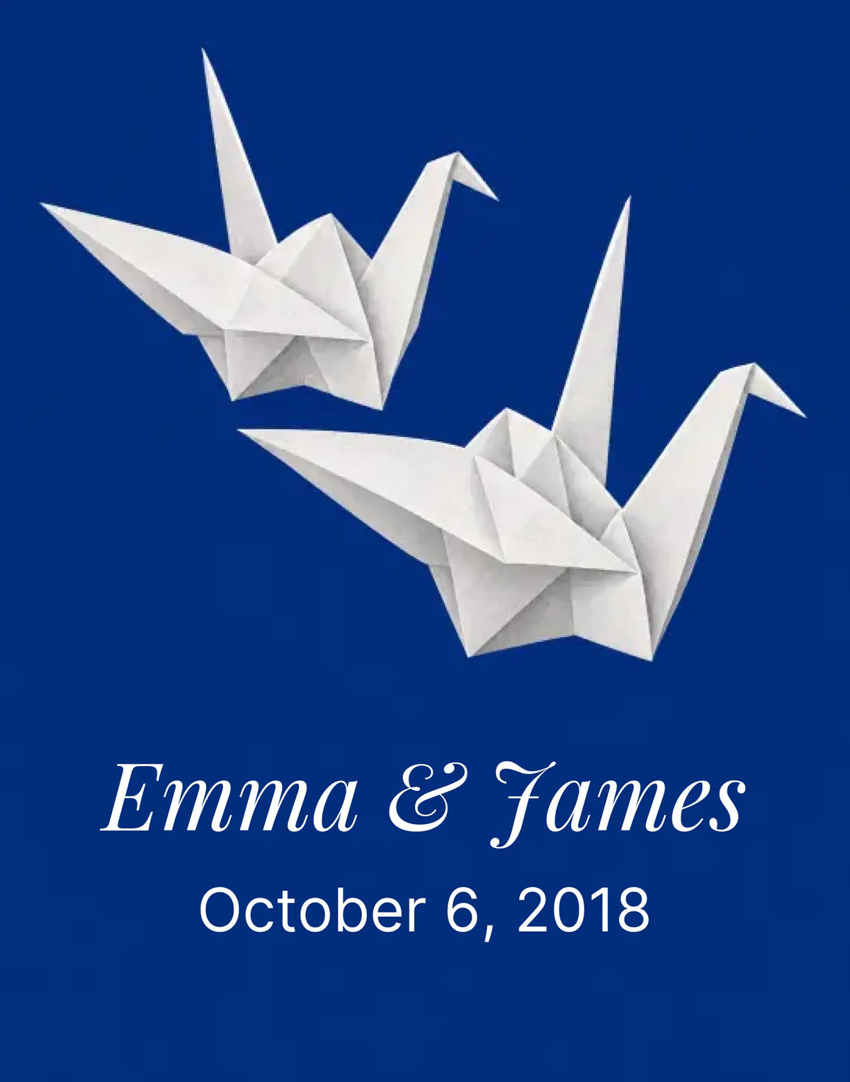 Two paper cranes artwork on an ink blue ground, shown unframed in the 11:14 proportion used for the personalization preview