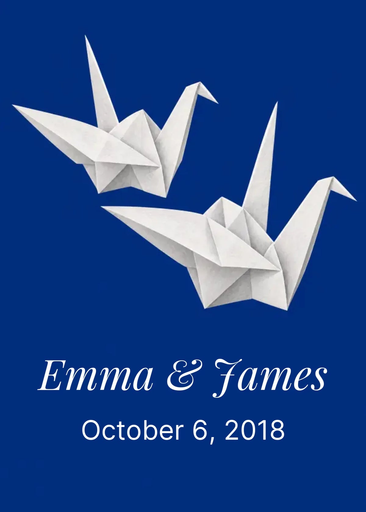 Two paper cranes artwork on an ink blue ground, shown unframed in the 5:7 proportion used for the personalization preview