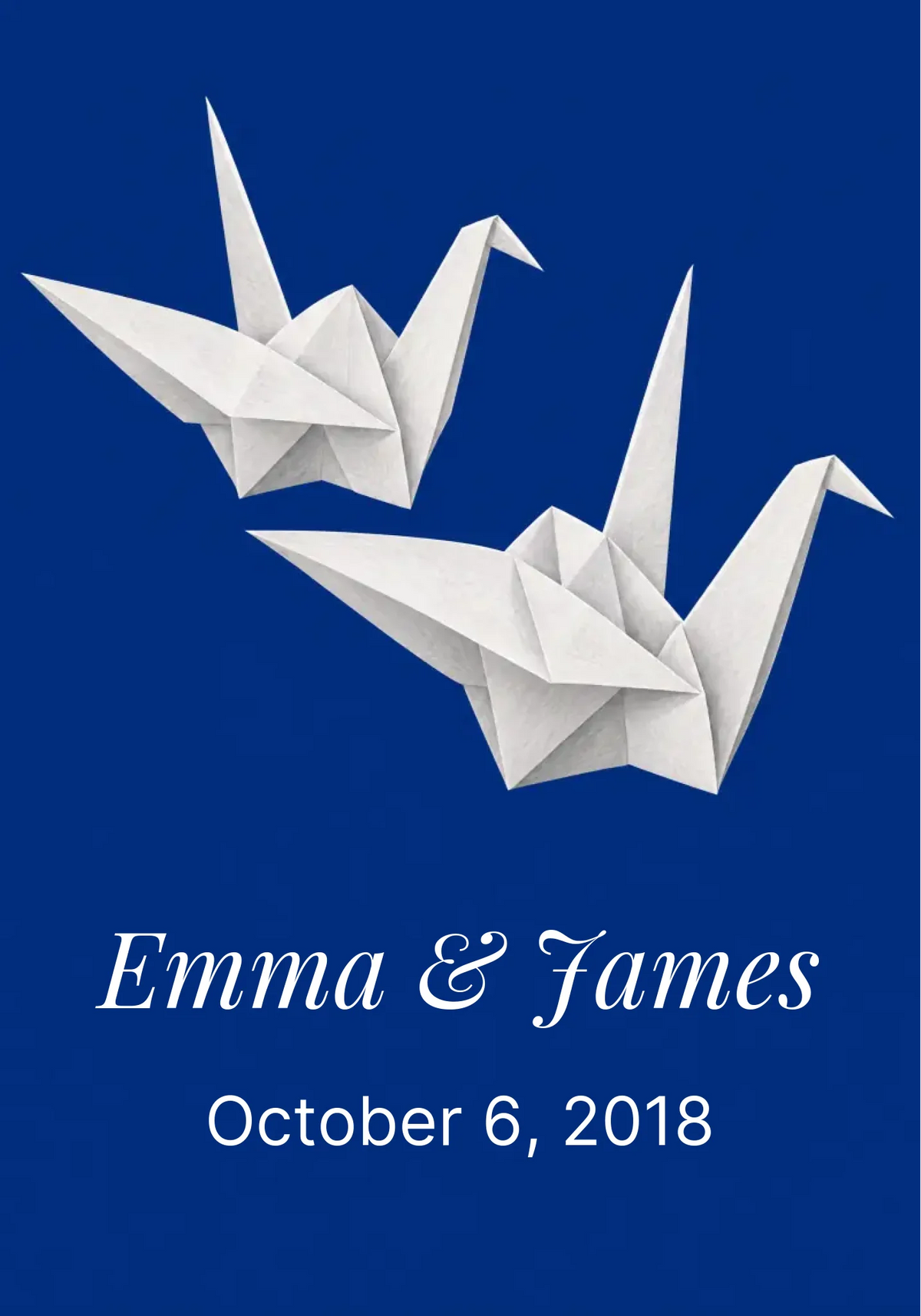 Two paper cranes artwork on an ink blue ground, shown unframed in the 7:10 proportion used for the personalization preview