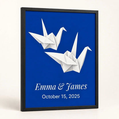 First anniversary paper cranes print, personalized with names and date, leaning in a black frame