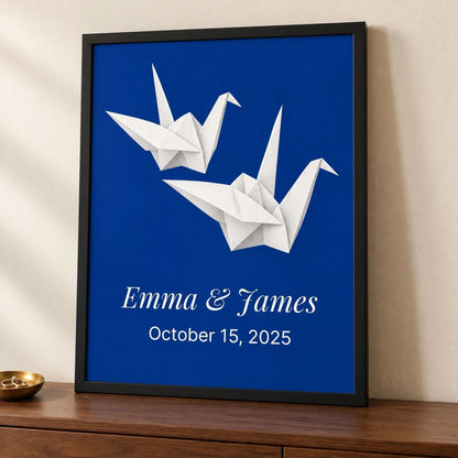 Framed paper cranes print with names and date, shown whole against a plain studio ground