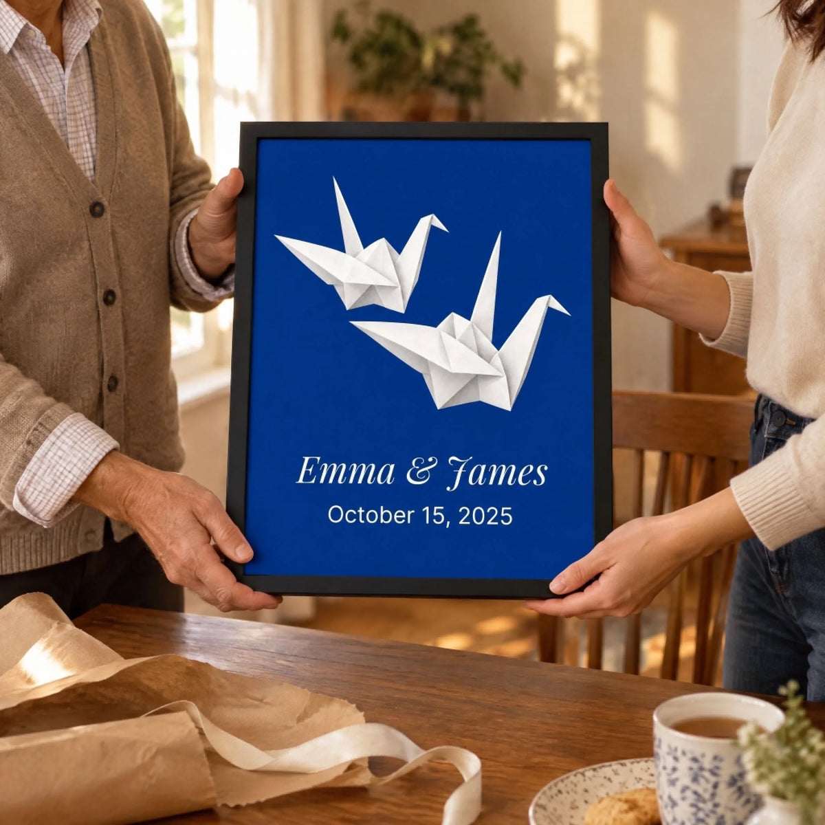 A framed paper cranes anniversary print passed between two people at a table, wrapping beside it