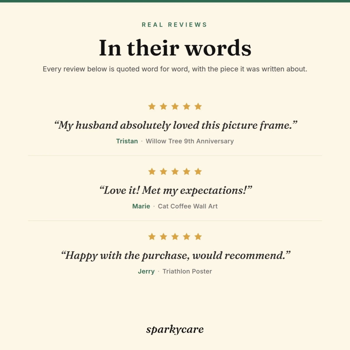 Three real five star Sparkycare reviews, each quoted word for word with the piece it was written about