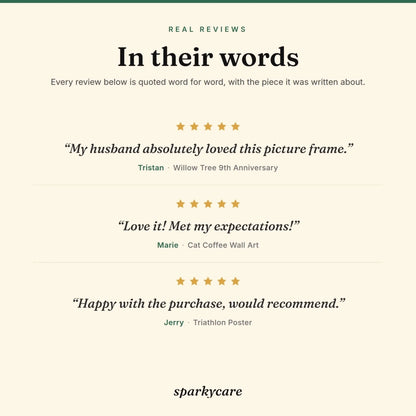 Three real five star Sparkycare reviews, each quoted word for word with the piece it was written about