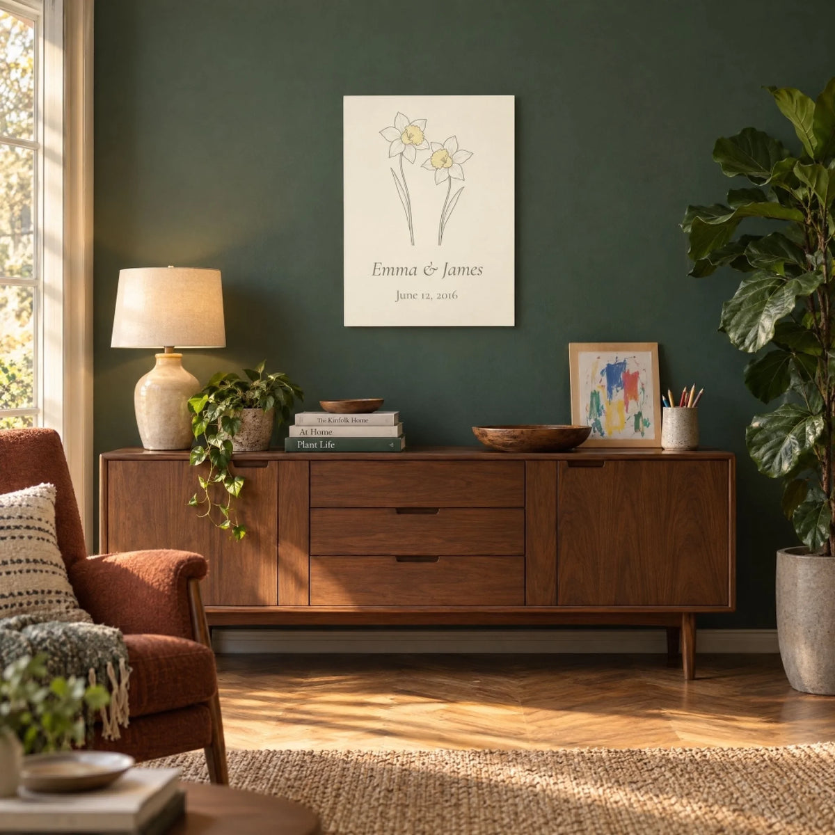 Living room with a green wall and a personalized daffodil aluminum print above a walnut sideboard
