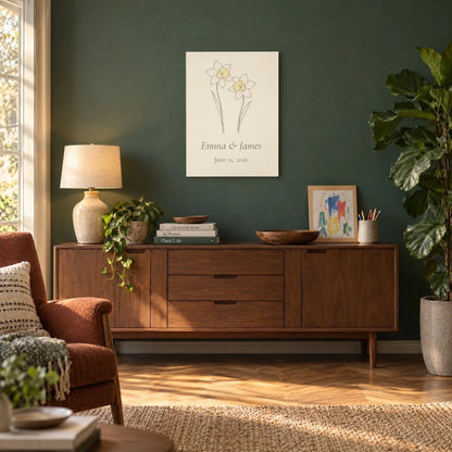 Living room with a green wall and a personalized daffodil aluminum print above a walnut sideboard