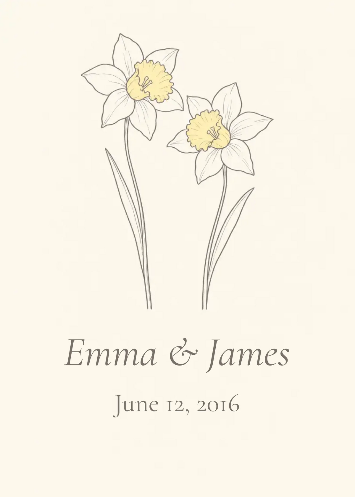 Daffodil aluminum wall art preview, personalized with a couple's names and wedding date