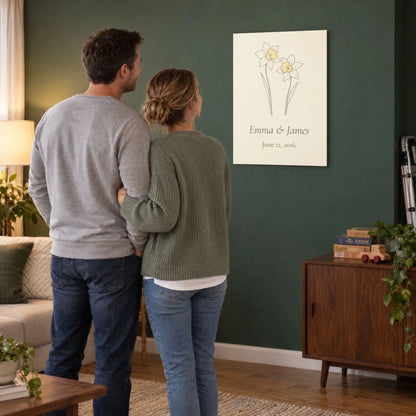 Husband and wife looking at the daffodil metal print they hung for their 10th anniversary