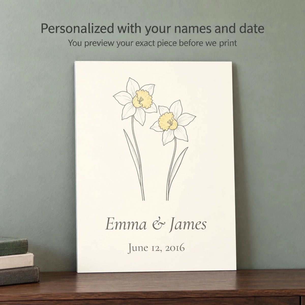 Names and wedding date on a personalized 10 year anniversary daffodil print, previewed before printing