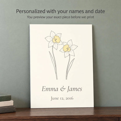Names and wedding date on a personalized 10 year anniversary daffodil print, previewed before printing