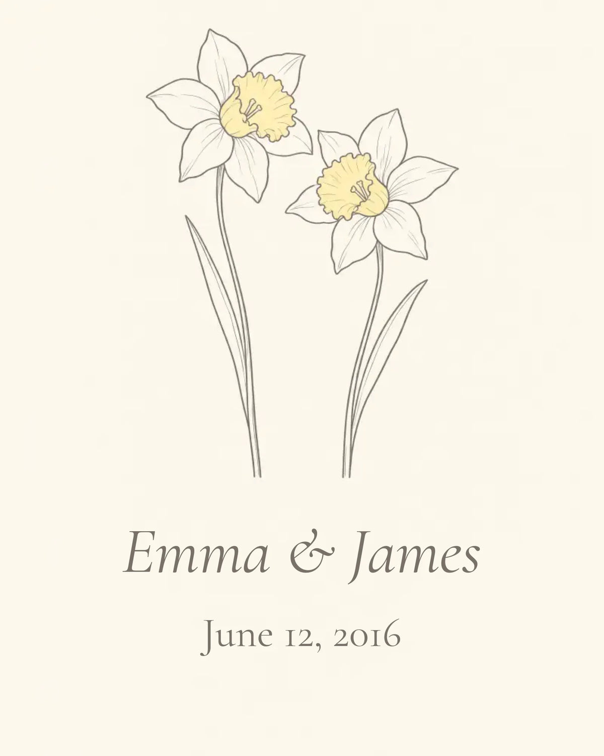 Personalized 10th anniversary daffodil metal print preview with sample names and date
