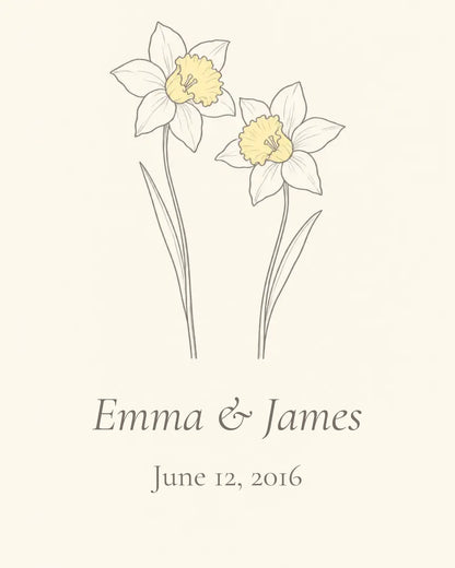 Personalized 10th anniversary daffodil metal print preview with sample names and date