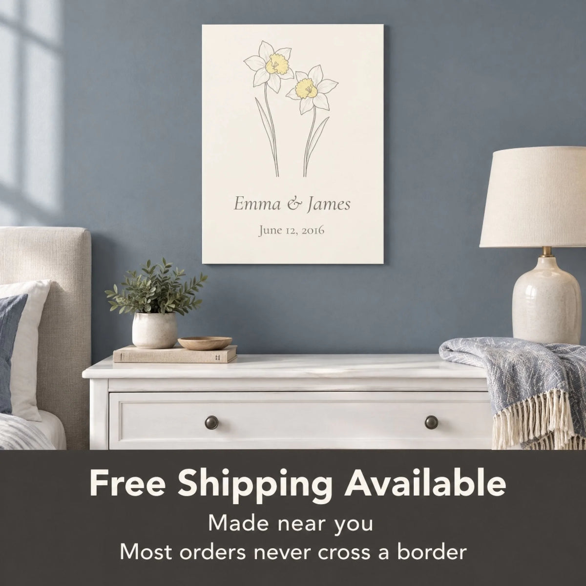 Daffodil aluminum print above a bedroom chest of drawers, with free shipping available
