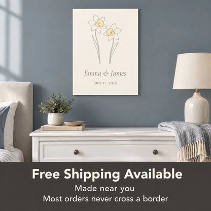 Daffodil aluminum print above a bedroom chest of drawers, with free shipping available