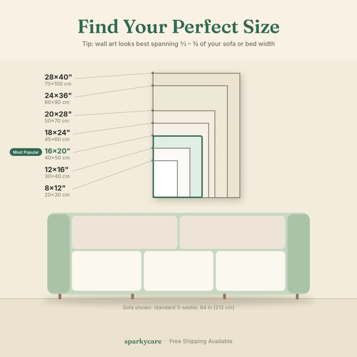 Sparkycare size guide for vertical wall art, each size drawn to scale against a three seater sofa
