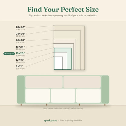 Sparkycare size guide for vertical wall art, each size drawn to scale against a three seater sofa