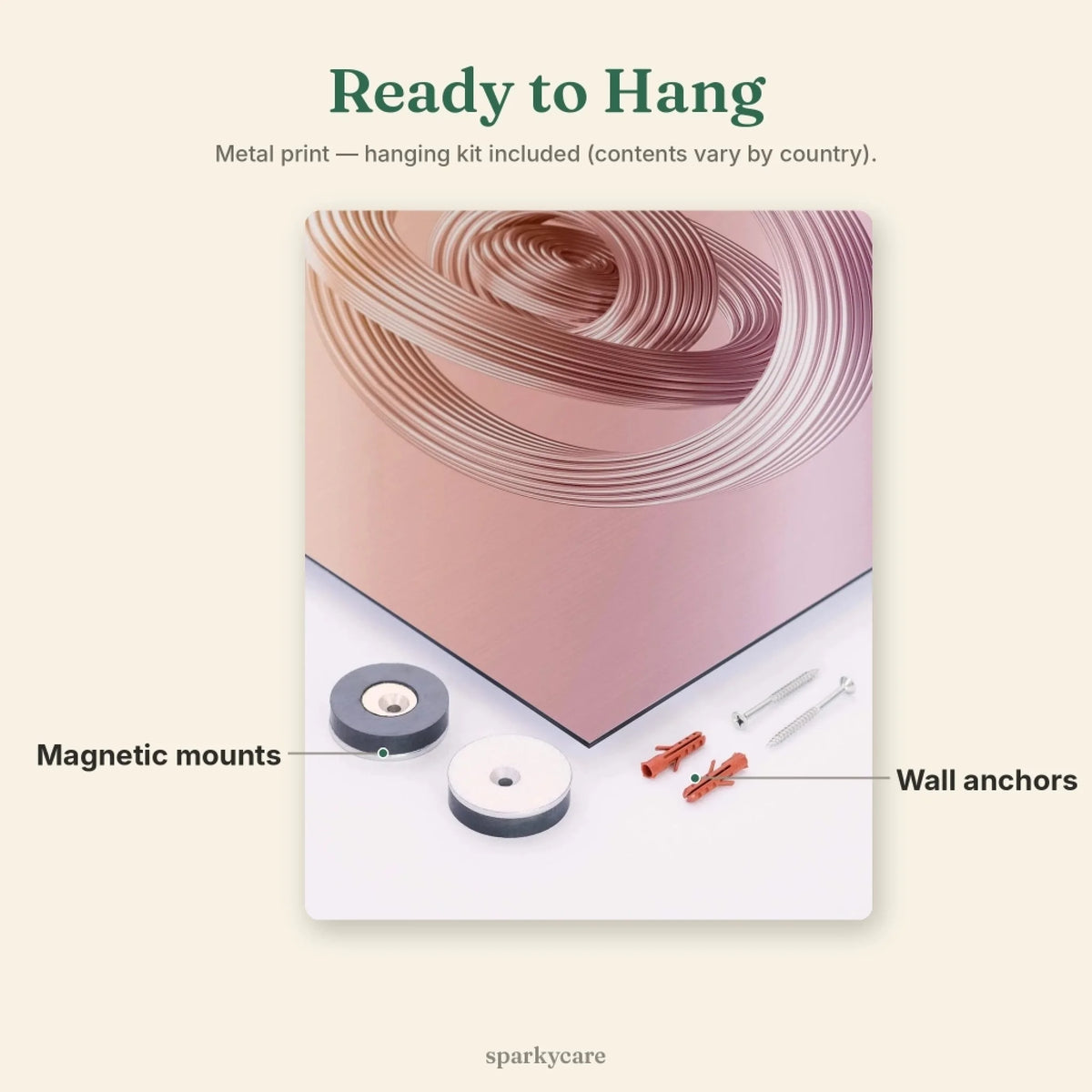 Metal print hanging kit included, shown with magnetic mounts and wall anchors, arrives ready to hang