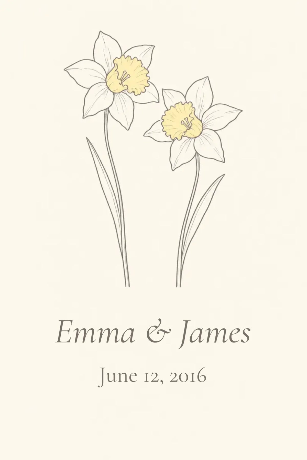 Personalized daffodil metal print preview, tall format, with sample names and wedding date