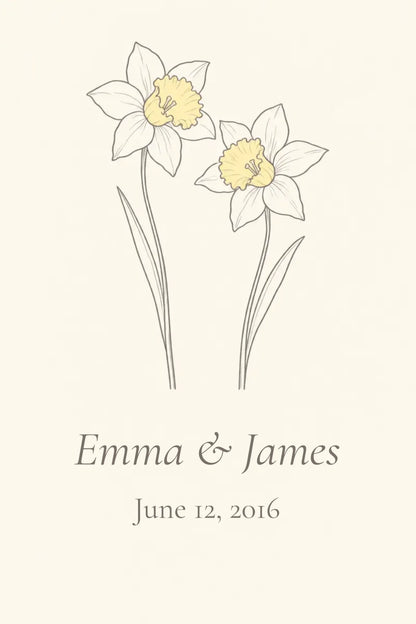Personalized daffodil metal print preview, tall format, with sample names and wedding date