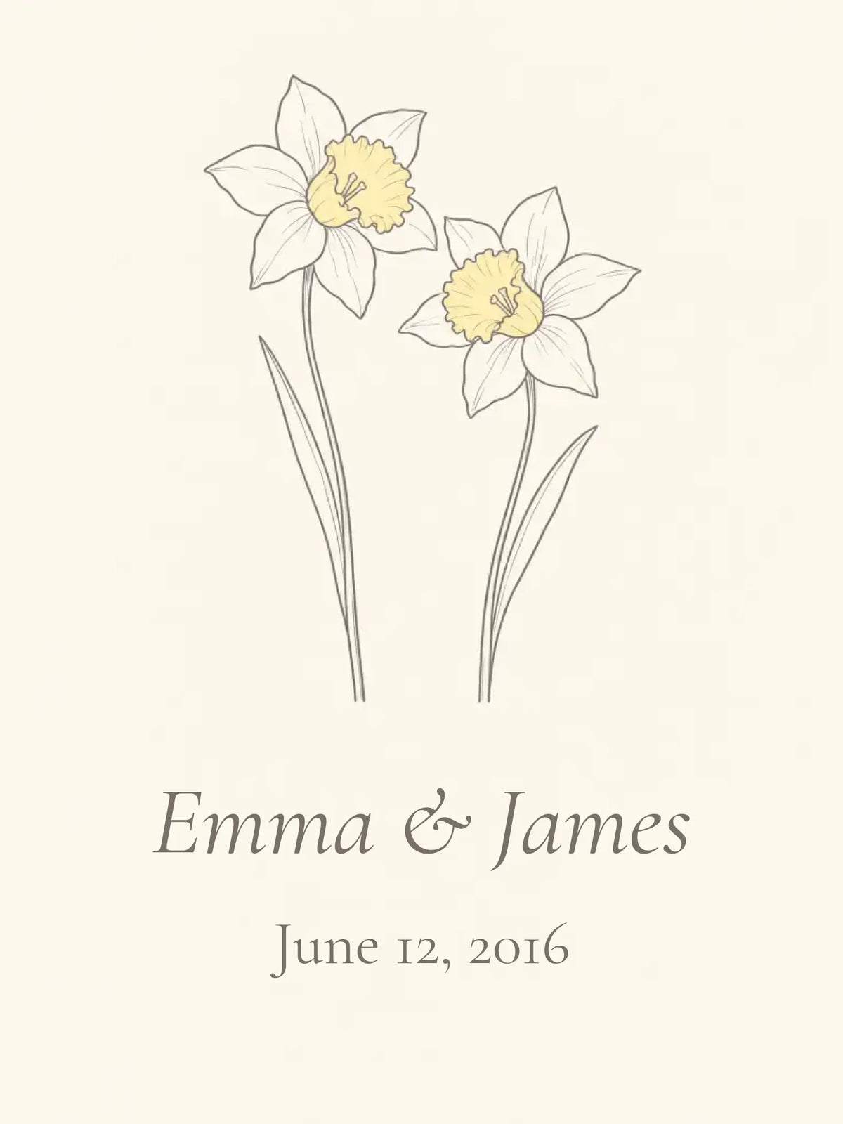 Daffodil aluminum print preview showing the artwork with sample names and anniversary date