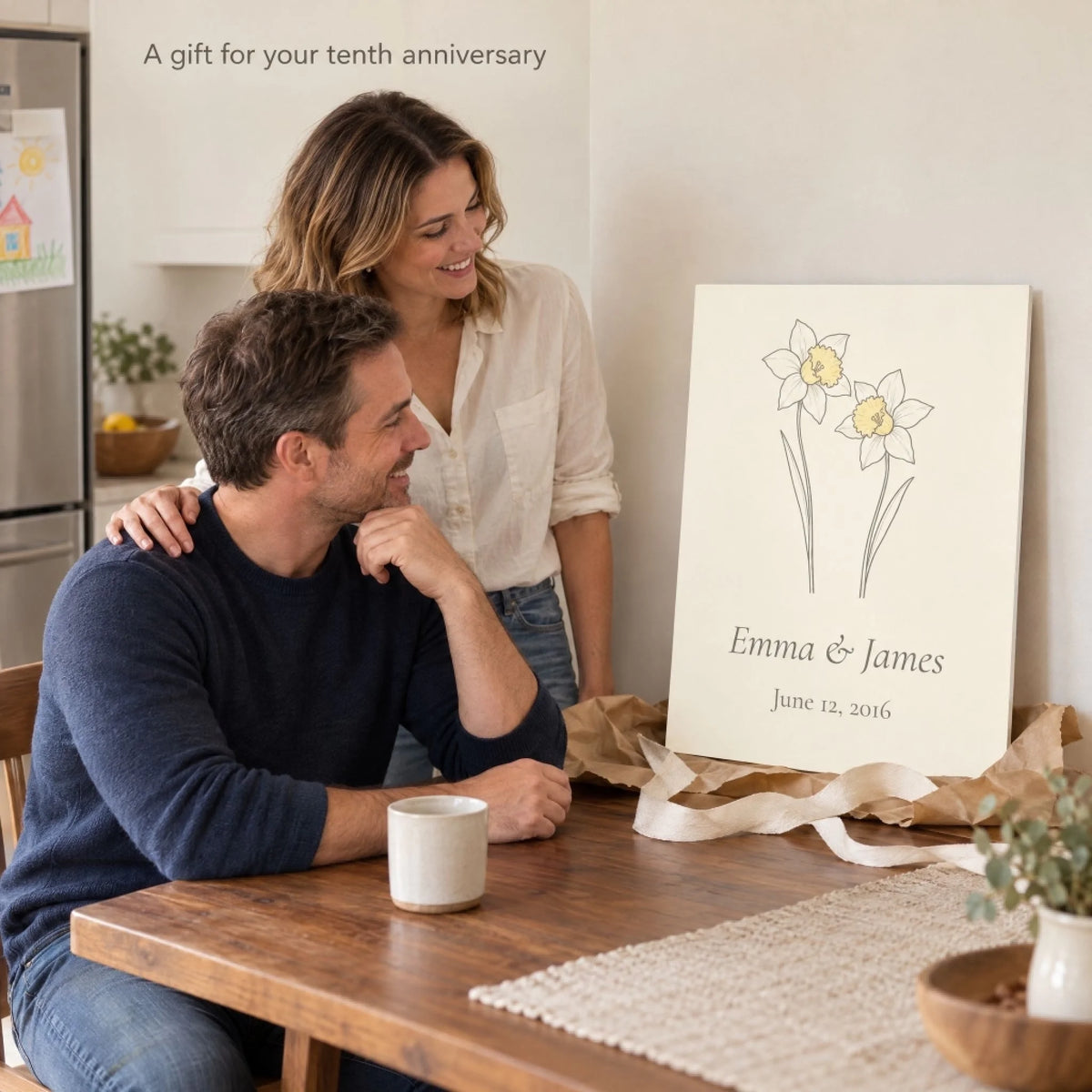 Couple at the kitchen table unwrapping a personalized daffodil metal print for their tenth anniversary