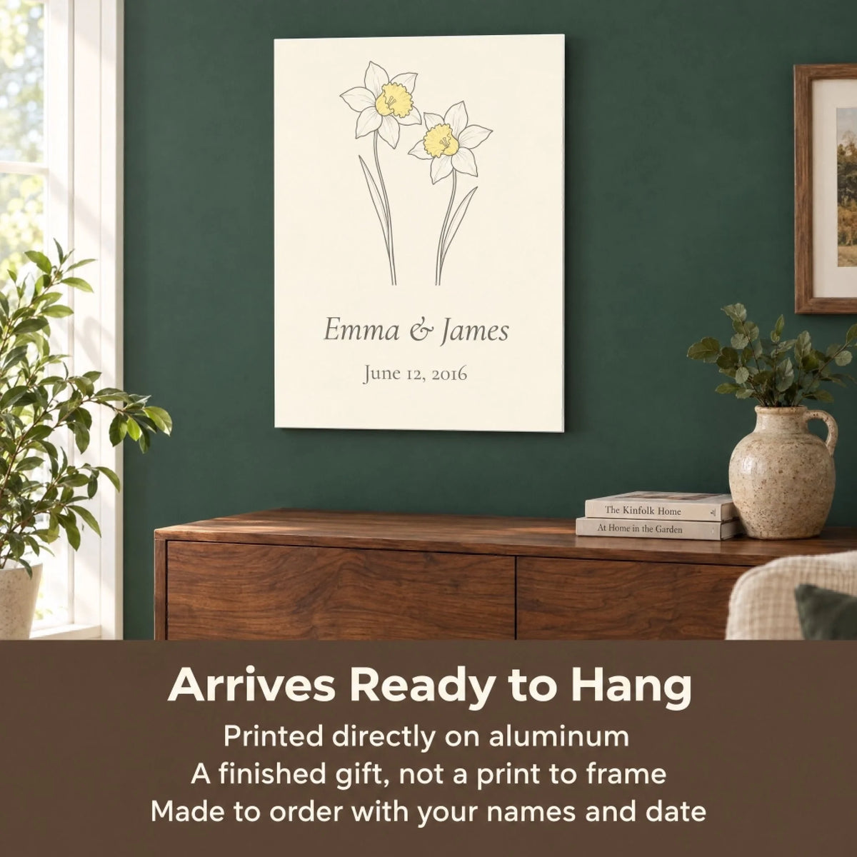 Daffodil aluminum print above a sideboard, arrives ready to hang and made with your names and date