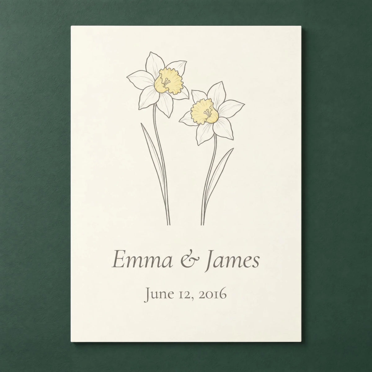 Personalized daffodil metal print for a 10th anniversary, hanging on a deep green wall