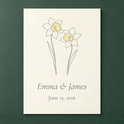 Personalized daffodil metal print for a 10th anniversary, hanging on a deep green wall