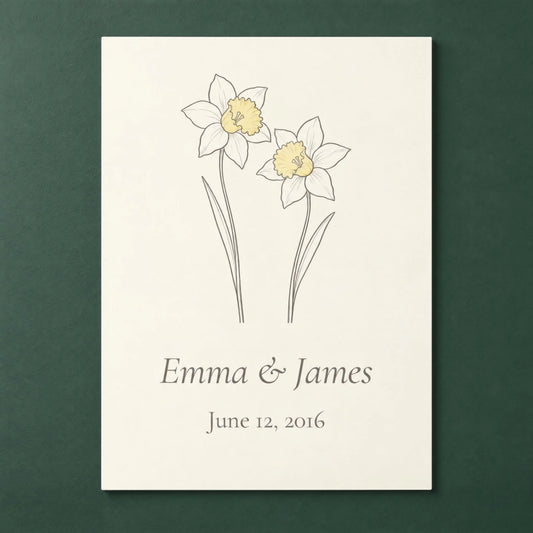 Personalized daffodil metal print for a 10th anniversary, hanging on a deep green wall