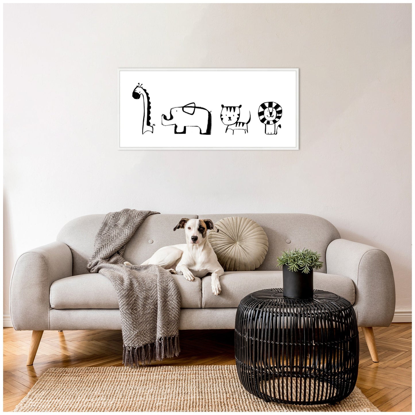 Minimalist Giraffe Elephant Tiger and Lion Sketch Canvas Wall Art