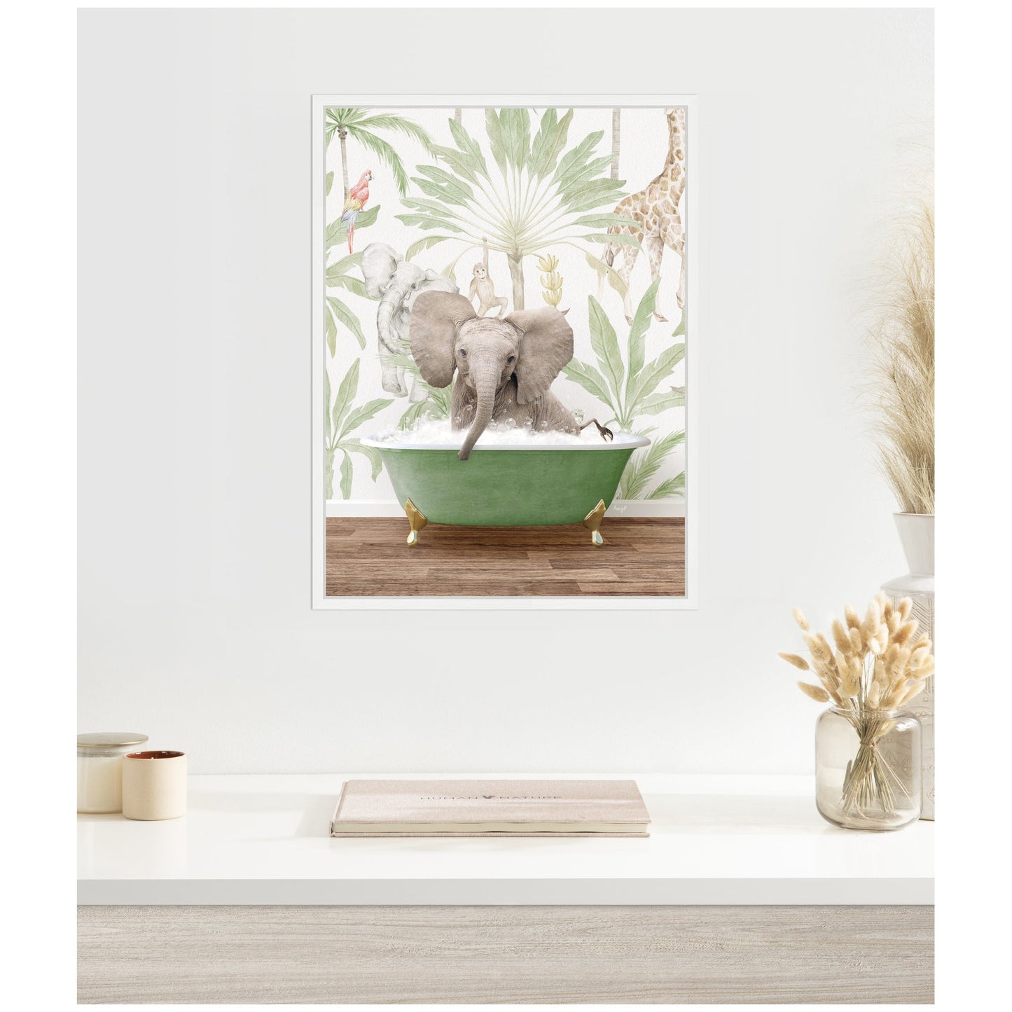 Baby Elephant in Safari Bathtub Framed Canvas Wall Art