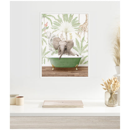 Baby Elephant in Safari Bathtub Framed Canvas Wall Art