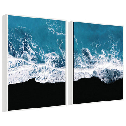 Minimalist ocean waves on beach framed canvas set in calm coastal tones, easy to hang