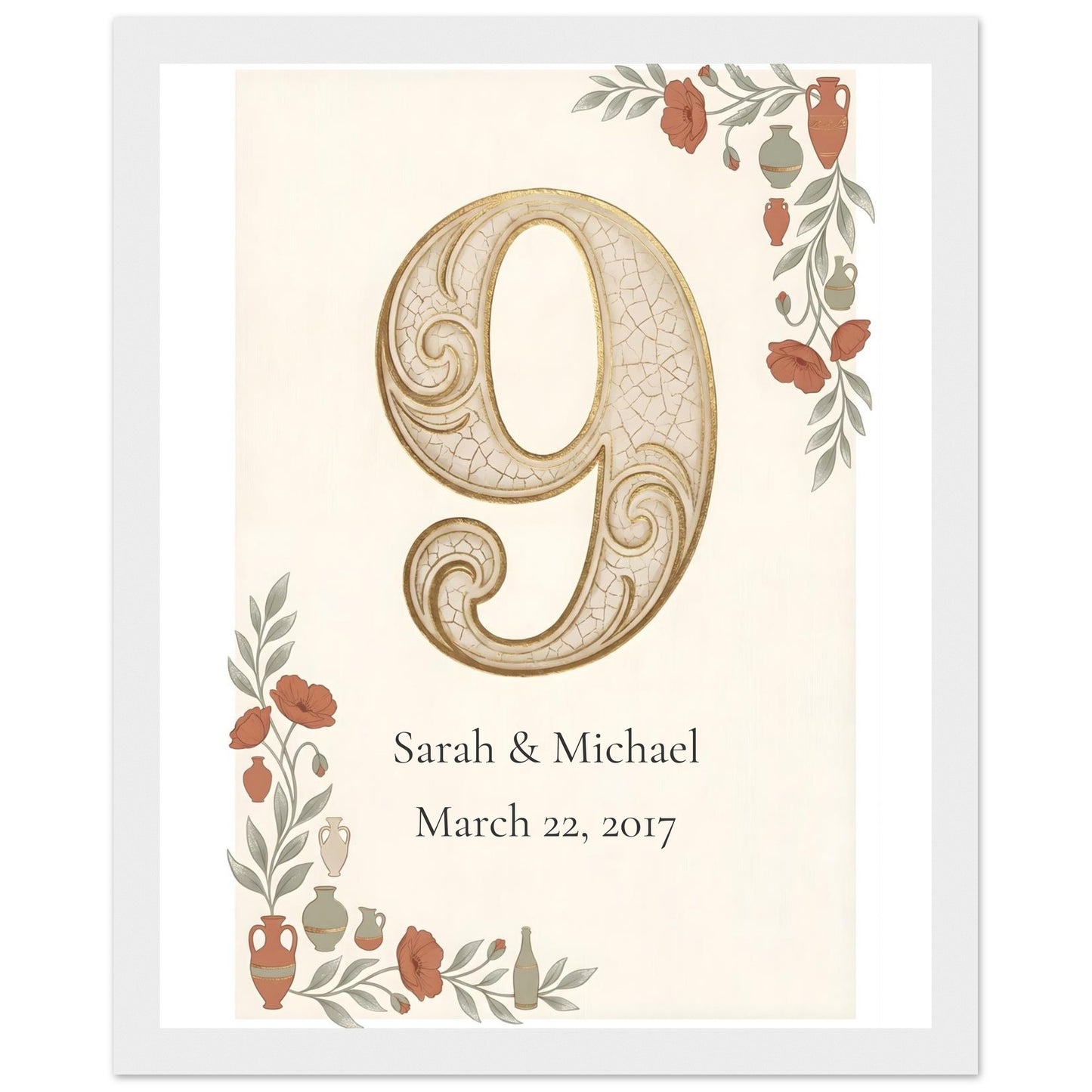 Personalized 9th Anniversary Wall Art - 20x25 cm / 8x10″ - White frame / Ready-to-hang - Sparkycare