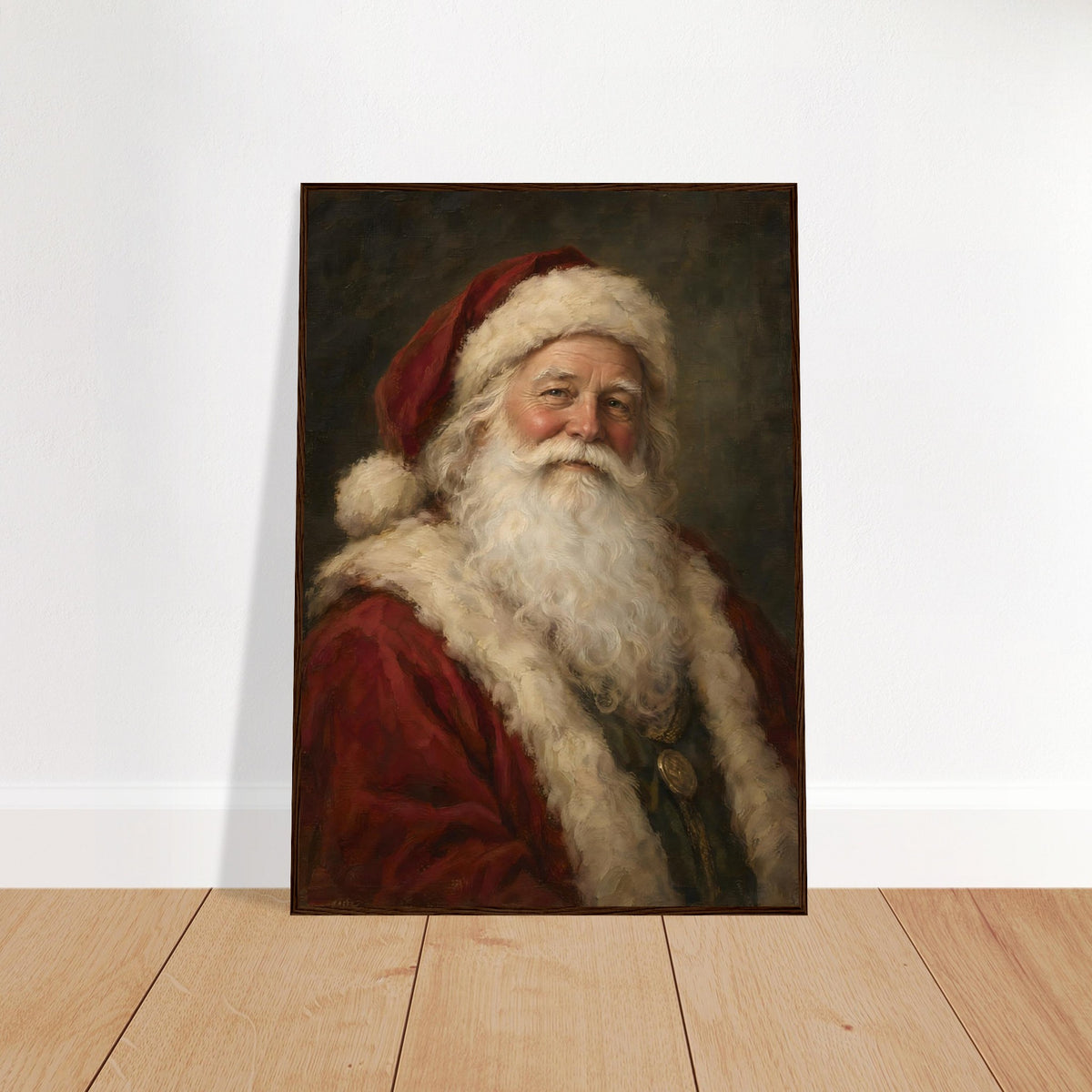 Vintage Santa Claus portrait print in a dark wood frame, our pick for this design