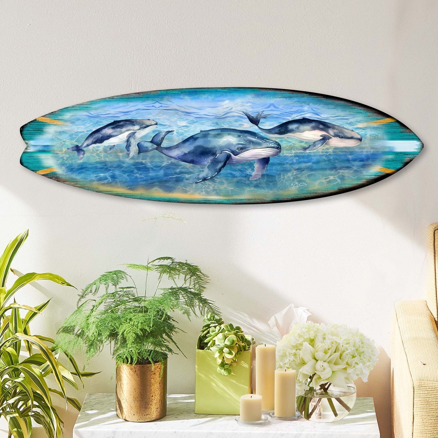 Whale Surfboard Wood Wall Art - Coastal Ocean Decor