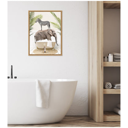 Safari Animals in Palm Bath Framed Canvas Wall Art
