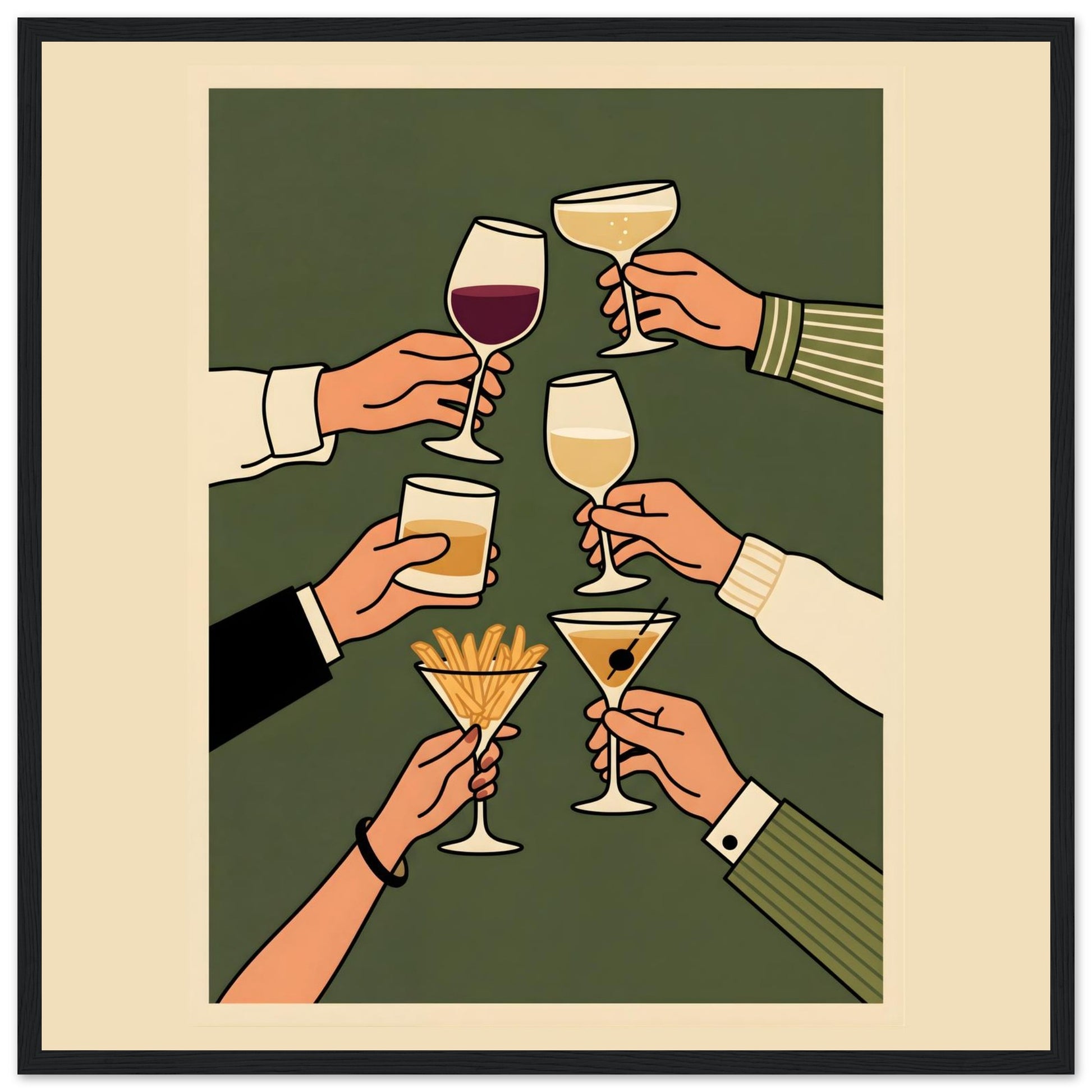 Retro Cheers Cocktail Toast Wall Art, Framed Bar Decor - 50x50 cm / 20x20″ - Black frame / Ready-to-hang - Sparkycare