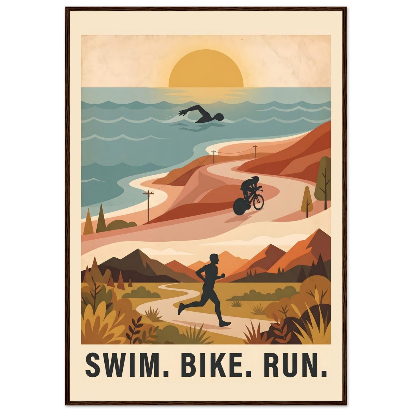 Triathlon Poster: Retro Swim Bike Run Framed Wall Art - 70x100 cm / 28x40″ - Dark wood frame / Ready-to-hang - Sparkycare