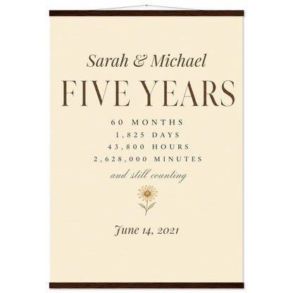 Personalized 5 Year Anniversary Print - 70x100 cm / 28x40″ / Museum-Quality Matte Paper Poster with Hanger - Dark wood wall hanger - Sparkycare