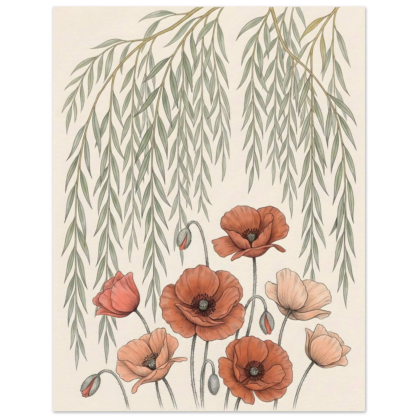 Willow Tree and Poppy Botanical 9th Anniversary Wall Art - 27x35 cm / 11x14″ / Museum-Quality Matte Paper Poster - Sparkycare