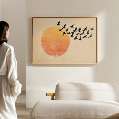 Japanese Birds and Sun Wall Art - Vintage Ink Print
