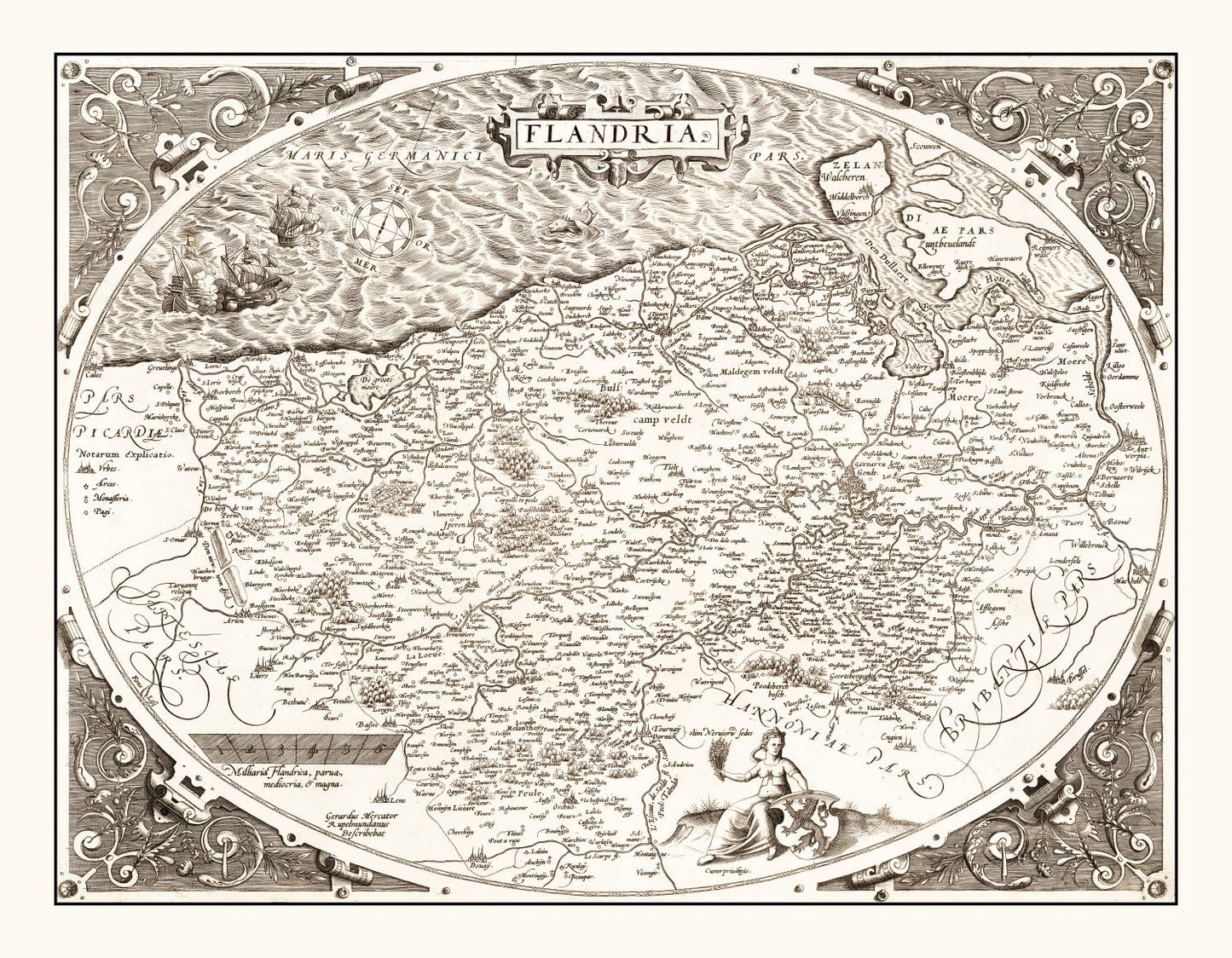 Vintage Map of Flanders, Belgium, 1570