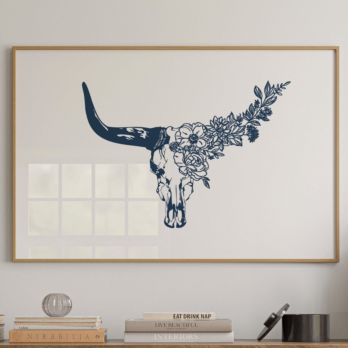 Floral longhorn skull western boho wall art with line-art bull skull and flowers