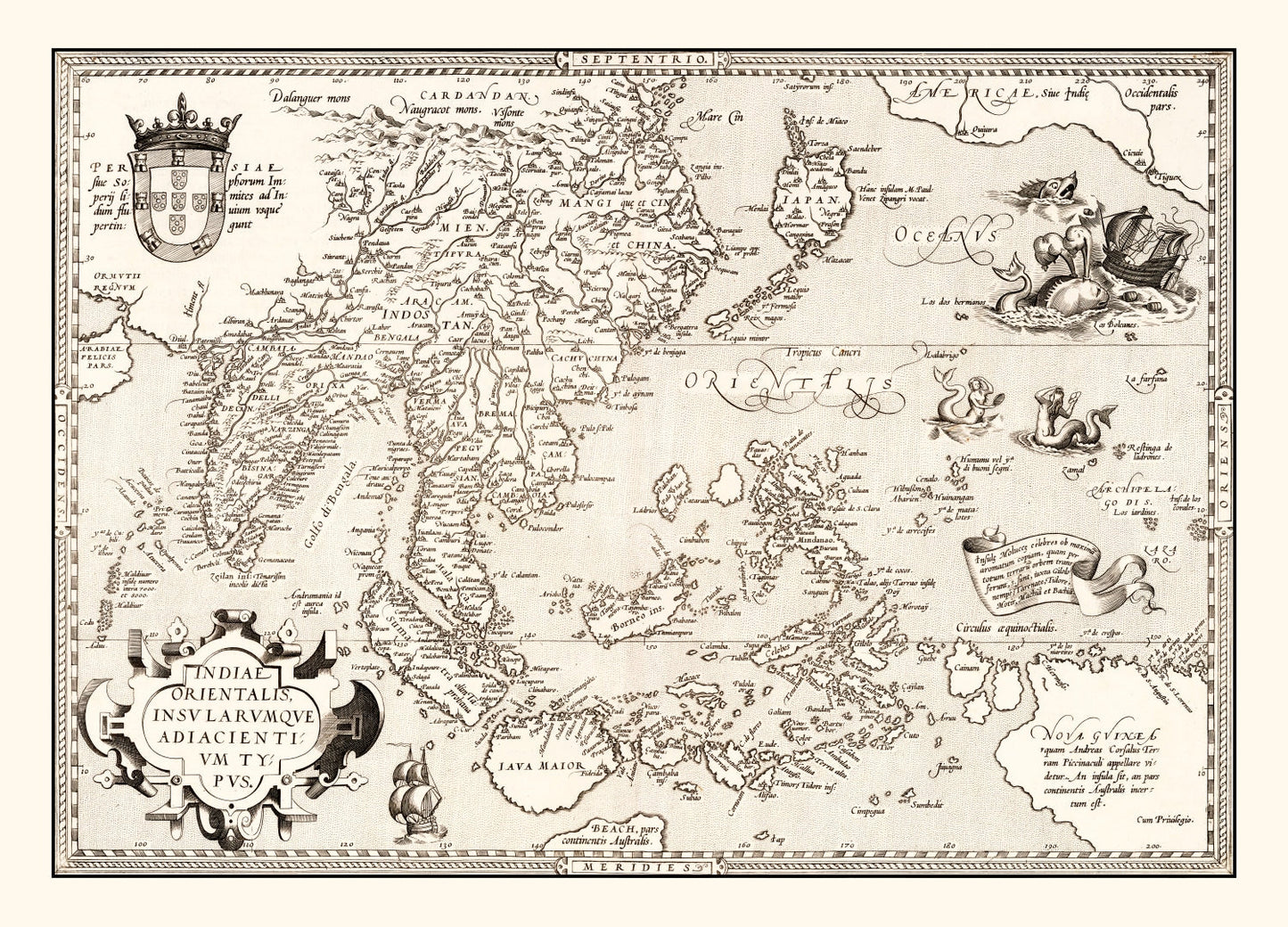 Vintage Map of India, Japan, China & Indonesia, 1570
