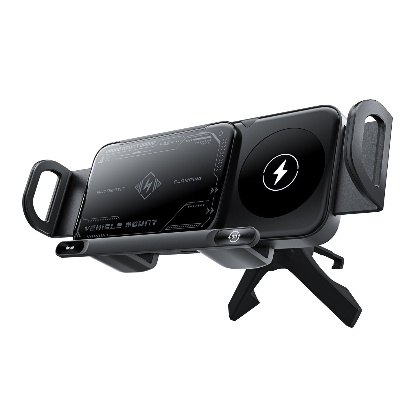 Black Auto rotating wireless car charger mount rotating 90 degrees in a car vent